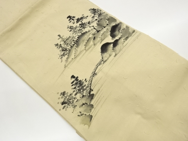 ひげ紬手描き木々に家屋・橋風景模様名古屋帯